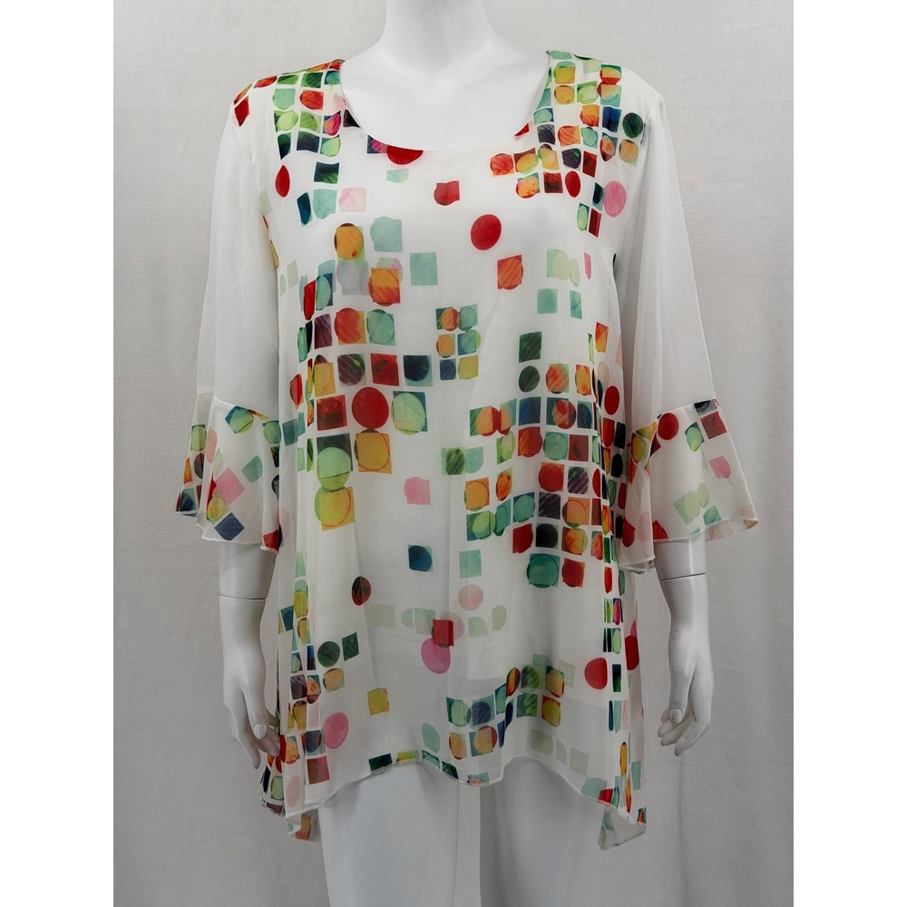 NorthStyle Top Womens 1X‎ Ivory Sheer Geometric 3/4 Bell Sleeve Artsy Colorful